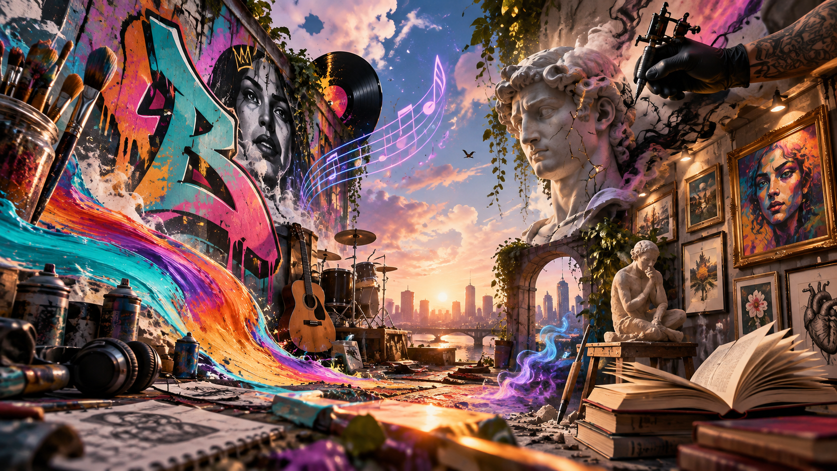 A vibrant gallery wall with a painted mural, sculpture, art tools, books, and musical instruments.